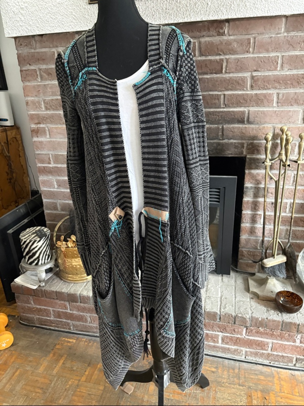 Free People Charcoal Gray Open-Front Knit Cardigan with Teal Stitching